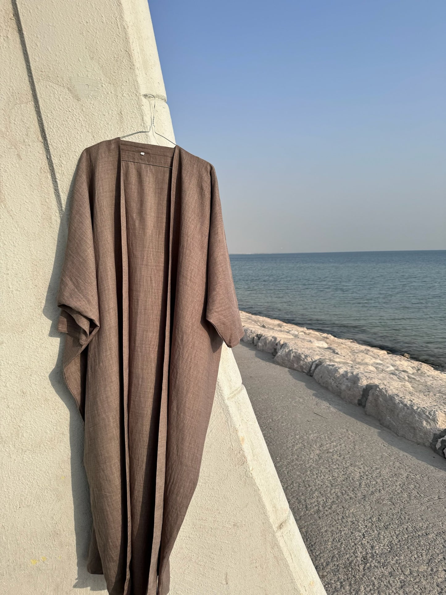 Beige Linen Open Abaya Bisht